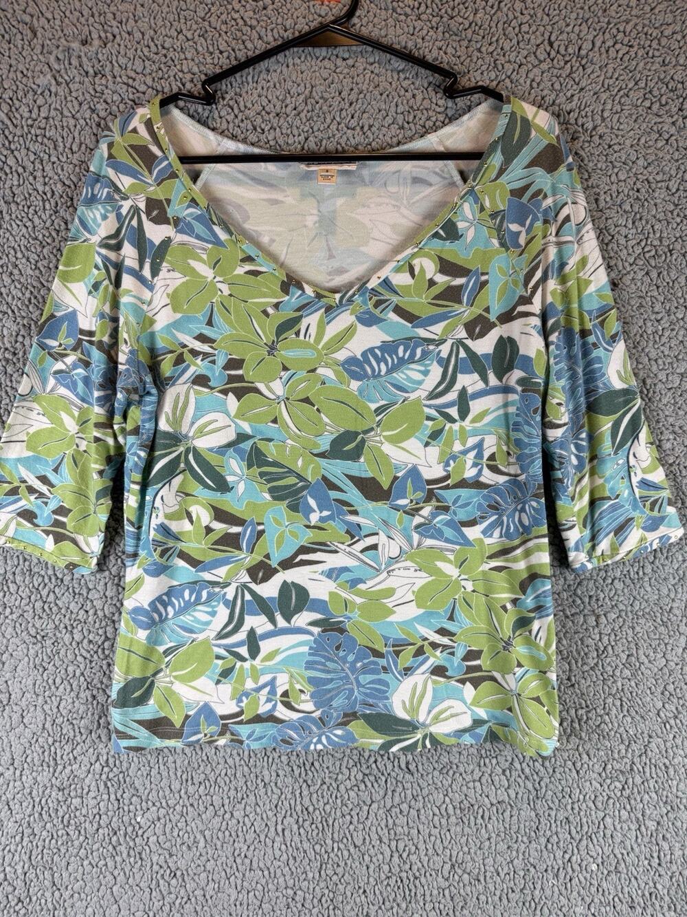 St. John Sport Womens Floral Print Short Sleeve T-Shirt Top Size Small